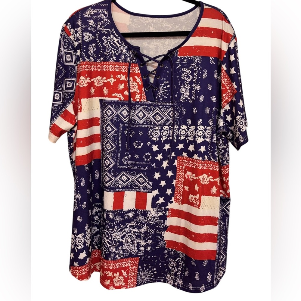 Women's Lace-Up V-Neck Americana Patchwork Tunic - Red/Navy/White